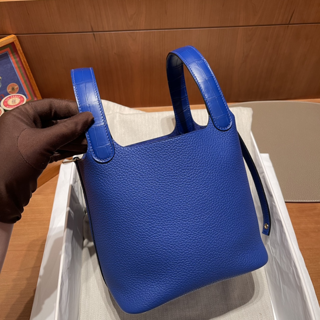 에르메스 피코탄 락18 블루 금장 끌레망스 악어가죽 핸들